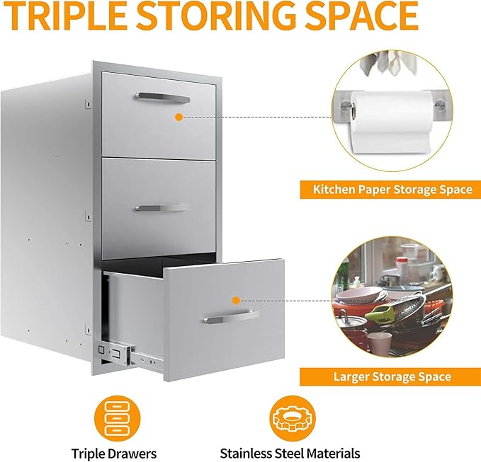 BBQ Outdoor Kitchen Drawers Stainless Steel 3-Drawer BBQ Drawer Enclosed - Image 2