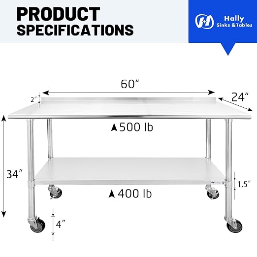 Hally Stainless Steel Table for Prep & Work 24 x 60 Inches - Image 3