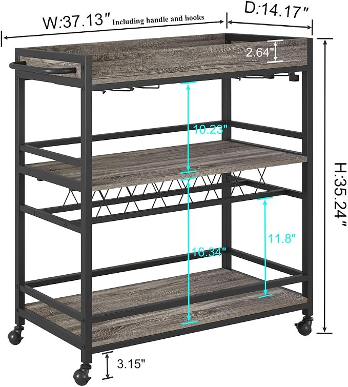 BON AUGURE Bar Cart, Home Bar Serving Cart on Wheels, Mobile 3 Tier Liquor - Image 5