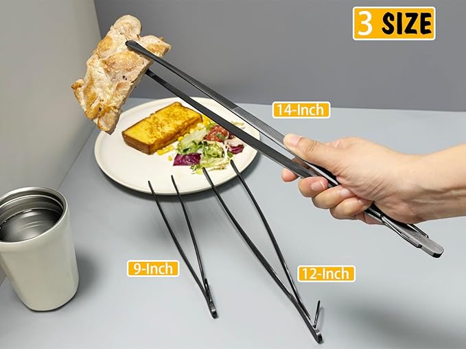 Tongs Set of 3 in 9, 12 and 14 Inch Stainless Steel Black