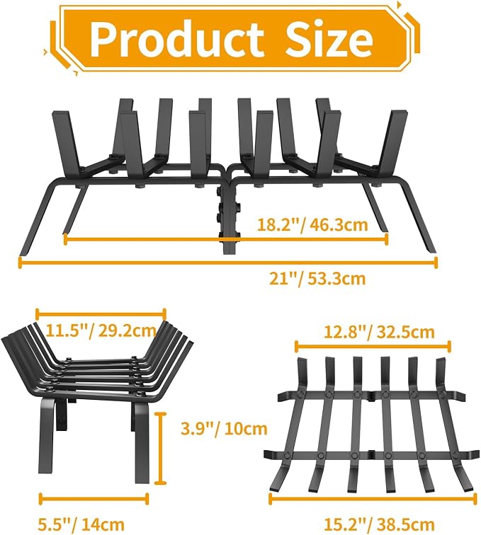 Heavy Duty 21Inch Fireplace Grate, Solid Steel Log Rack - Image 2