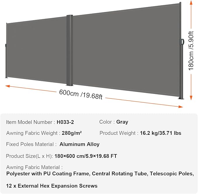 VEVOR Retractable Side Awning, UV 50 71''x 236'' Full Aluminum Rust-Proof Patio - Image 7
