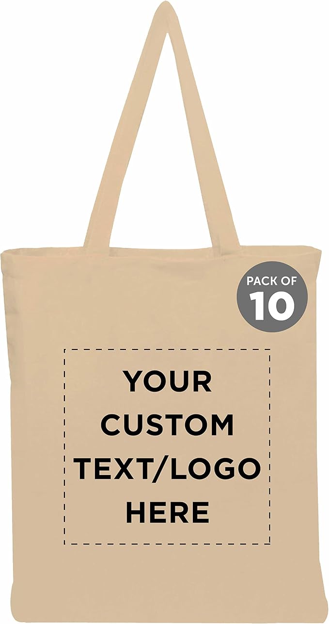 DISCOUNT PROMOS Custom Cotton Canvas Tote Bags Set of 10, Personalized Bulk Pack by DISCOUNTPROMOS