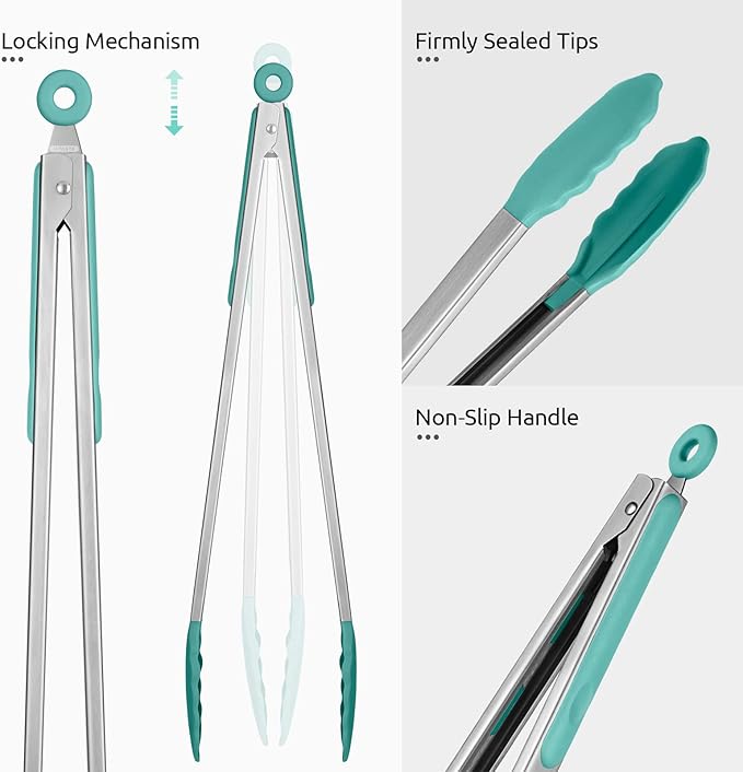 Grilling Tongs 16-Inch with Silicone Tips, Aqua Sky Locking