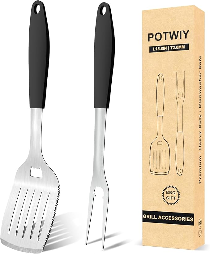 BBQ Tool Set with Spatula and Fork, Stainless Steel, Silicone Handle