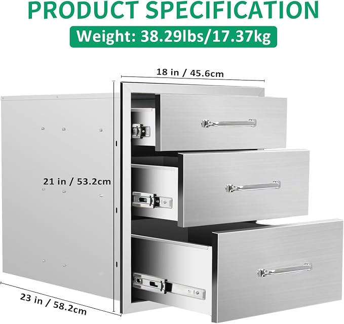 Outdoor Kitchen Drawers 18" W x 21" H x 23" D Stainless Steel Triple Drawers - Image 2