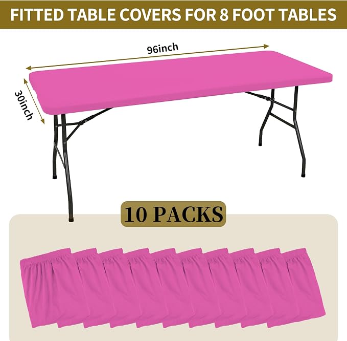 10 Pack Fitted Tablecloth for 8 Foot Rectangle Tables, Hot Pink Elastic Outdoor - Image 2