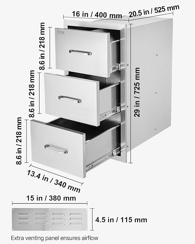 VEVOR Outdoor Kitchen Drawers 16" W x 28.5" H x 20.5" D, Flush Mount Triple - Image 2