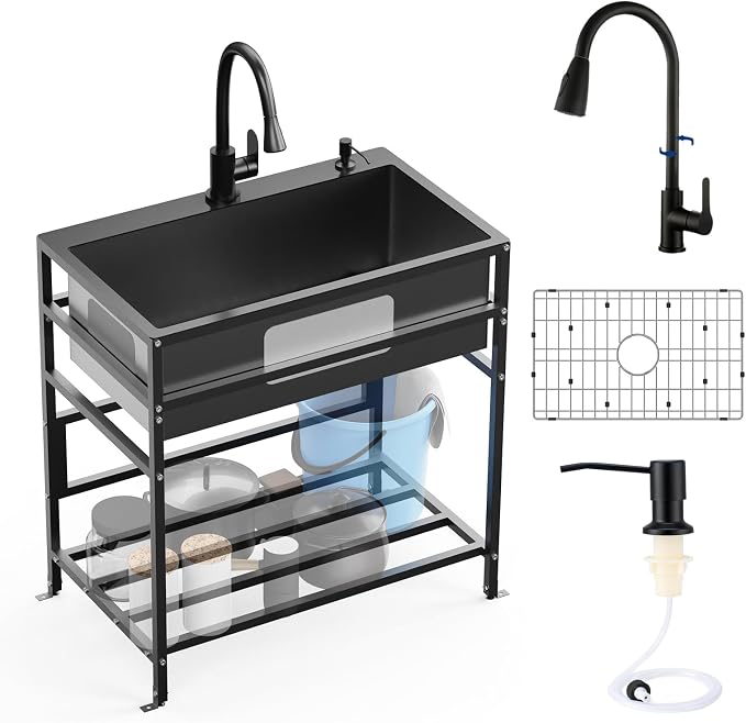 Black 30x18 Inch Freestanding Utility Sink-Stainless Steel Laundry Sink by FAUENPEEY