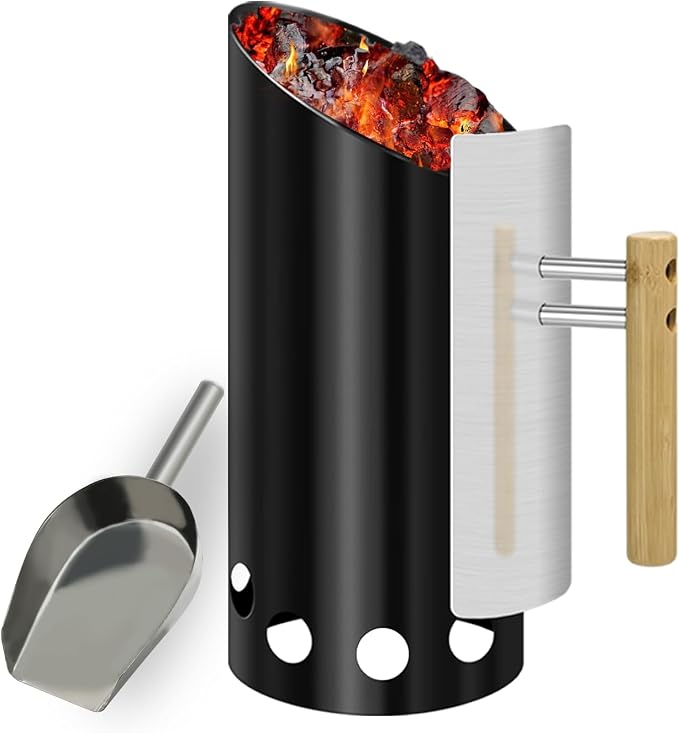 Charcoal Chimney Starter with 11" Briquet Shovel Set, Double Enameled Large by Joyagrill