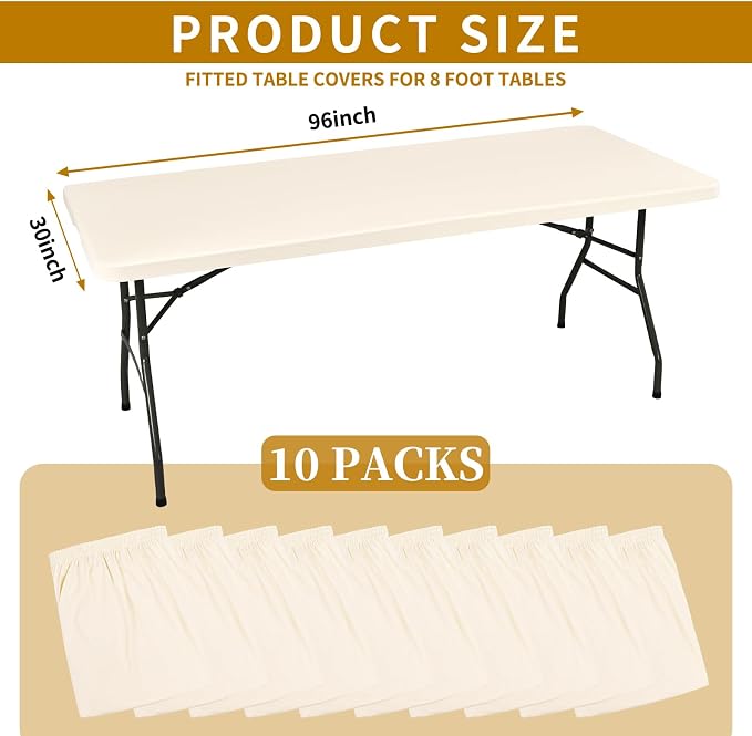 10 Pack Fitted Tablecloth for 8 Foot Rectangle Tables, Ivory Elastic Outdoor - Image 2