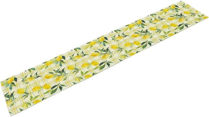 Yellow Plaid Lemon Table Runner Nature Watercolor Plant Countryside Farm Fruit - Image 3