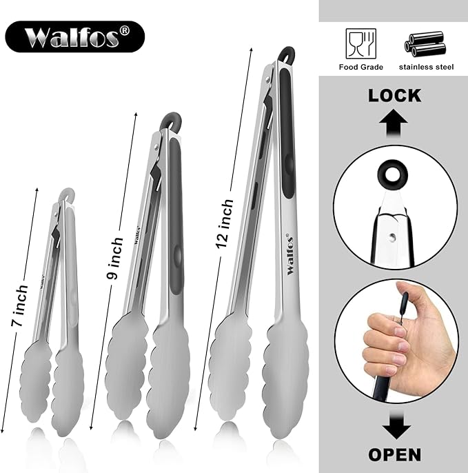 Tongs Set, 3-Piece Stainless Steel, 7, 9 and 12 Inch Sizes