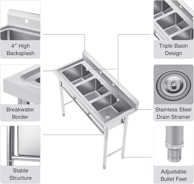 WILPREP NSF Stainless Steel 3 Compartment Commercial Sink 11x10x10 Inch Basins - Image 4