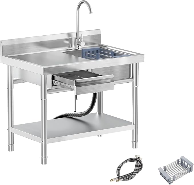 Utility Sink, Commercial Kitchen Stainless Steel Sink, 39.5'' Free Standing by PurezmMotoStainlessSteelFab