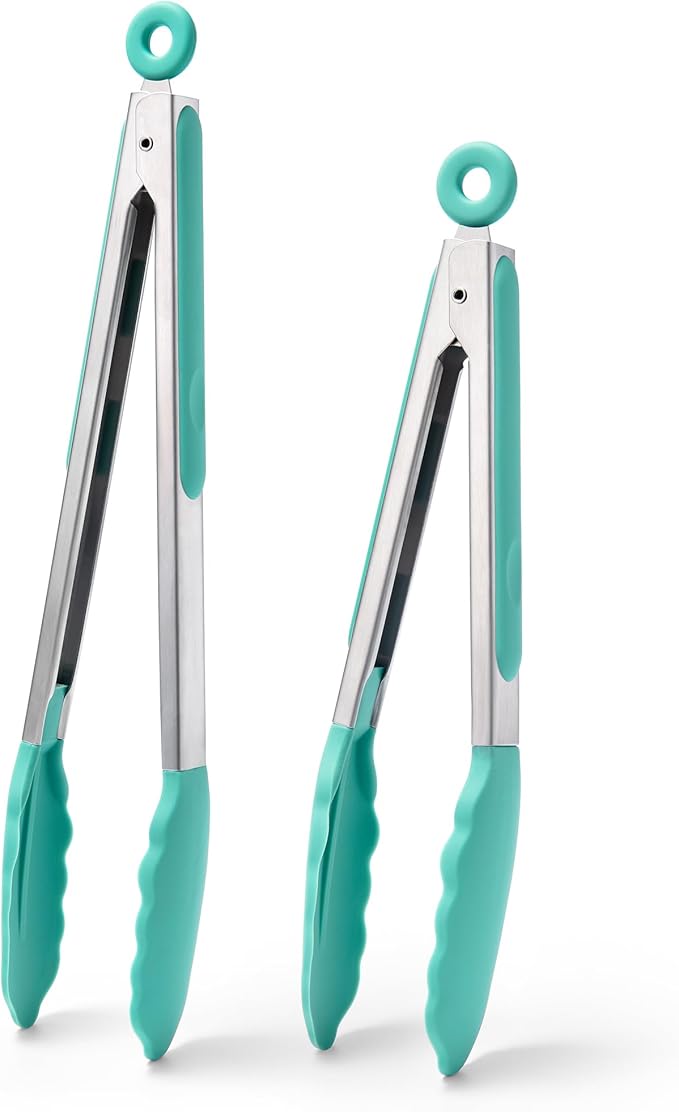 Stainless Steel Locking Kitchen Tongs with Silicone Tips, Aqua Sky