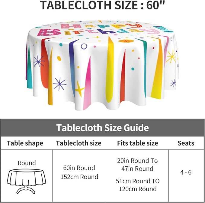 Happy Birthday Round Tablecloth Happy Birthday Tablecloth 60 Inch Waterproof - Image 5