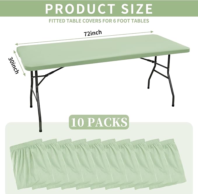 10 Pack Fitted Tablecloth for 6 Foot Rectangle Tables, Sage Green Elastic - Image 2