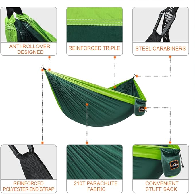 Hammock with 210T Parachute Nylon, 500 lb Capacity, Dark Green