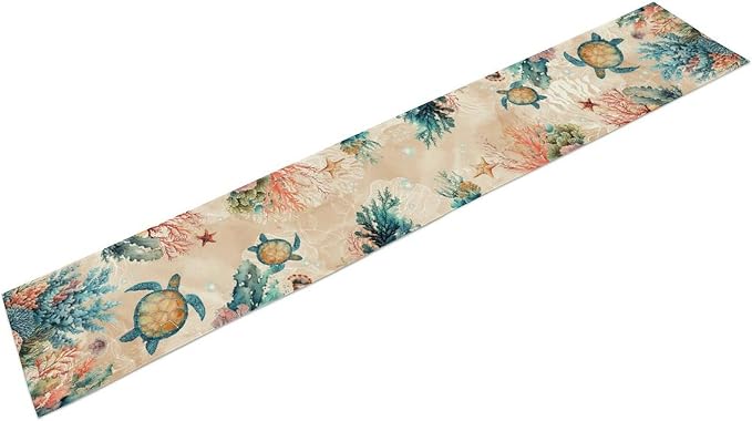 Retro Sea Turtle Table Runner, Nautical Starfish Underwater Coral Seashell - Image 6