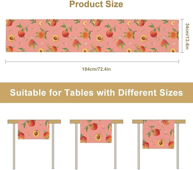 Pink Cute Peach Table Runner, Colorful Summer Fruit Floral Table Runner - Image 7