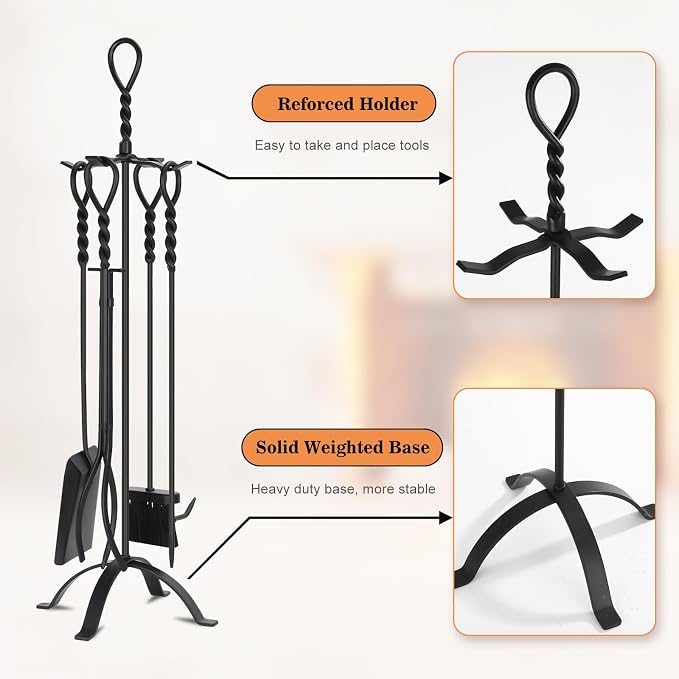Gtongoko 35 Inch Fireplace Tools Set 5 Pcs Black Wrought Solid Iron Large Fire - Image 3