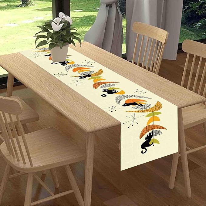 Mid Century Table Runner, Retro 1950s Black Cat Atomic Modern Abstract Coffee - Image 2
