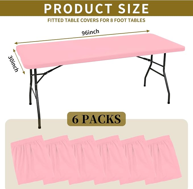 6 Pack Fitted Tablecloth for 8 Foot Rectangle Tables, Washable Stretch Folding - Image 2
