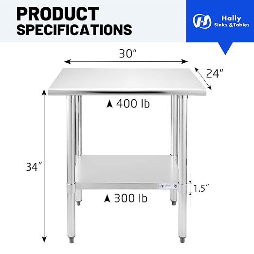 Hally Stainless Steel Table for Prep & Work 24 x 30 Inches, NSF Commercial - Image 3