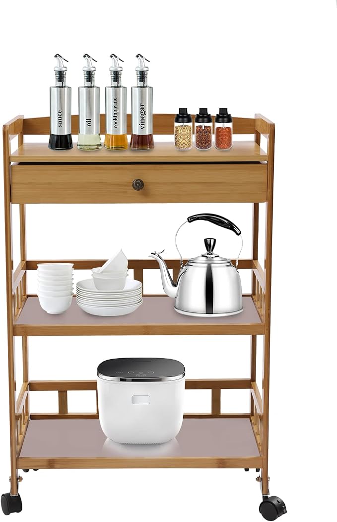 Bamboo Serving Cart with Drawer and Fence Rail, Kitchen Storage Organizer by Unknown