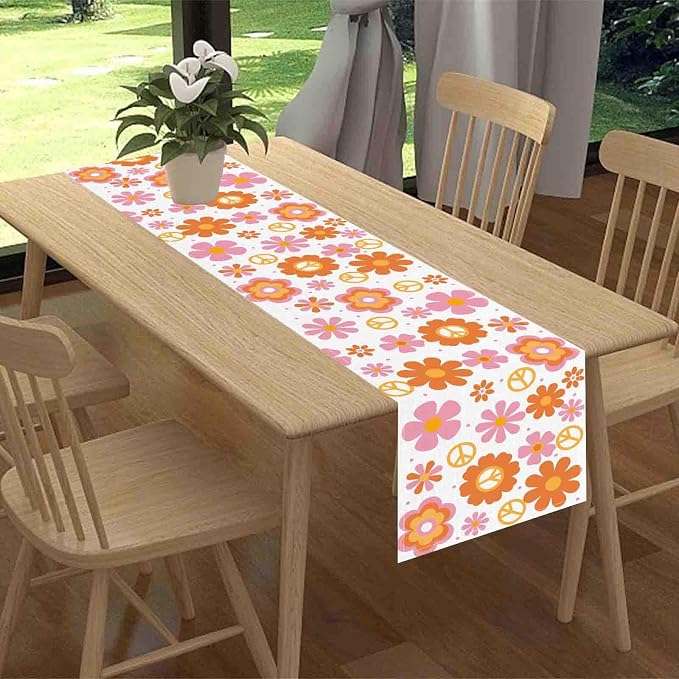 Groovy Floral Table Runner, Retro 70s Hippie Floral Funky Pink Cute Flower - Image 2