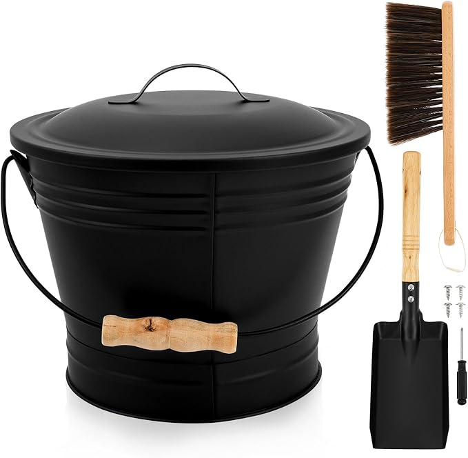 1.5 Gallon Ash Bucket with Lid and Shovel Broom Metal, Fireplace Ash Bucket by Tcwhniev