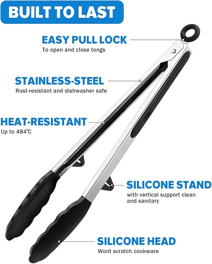 Tongs for Cooking, 9 and 12 Inch Stainless Steel with Silicone Tips