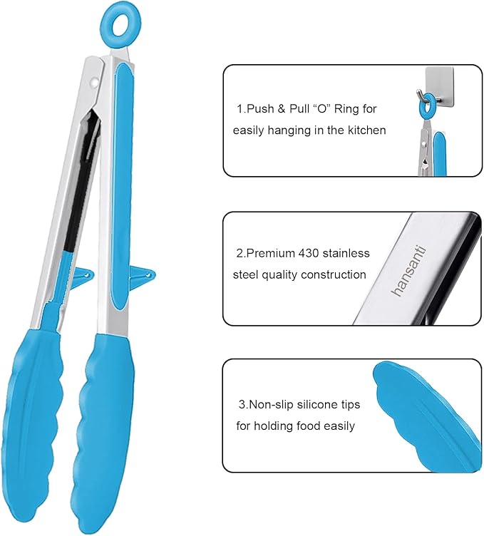 Tongs Set of 4, Blue Silicone and Stainless Steel, 11-Inch and 13.2-Inch