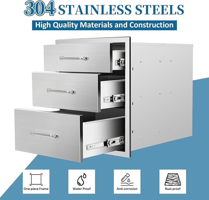 Outdoor Kitchen Drawers 18"Wx21"Hx23"D Flush Mount Access 3-Drawer BBQ - Image 3