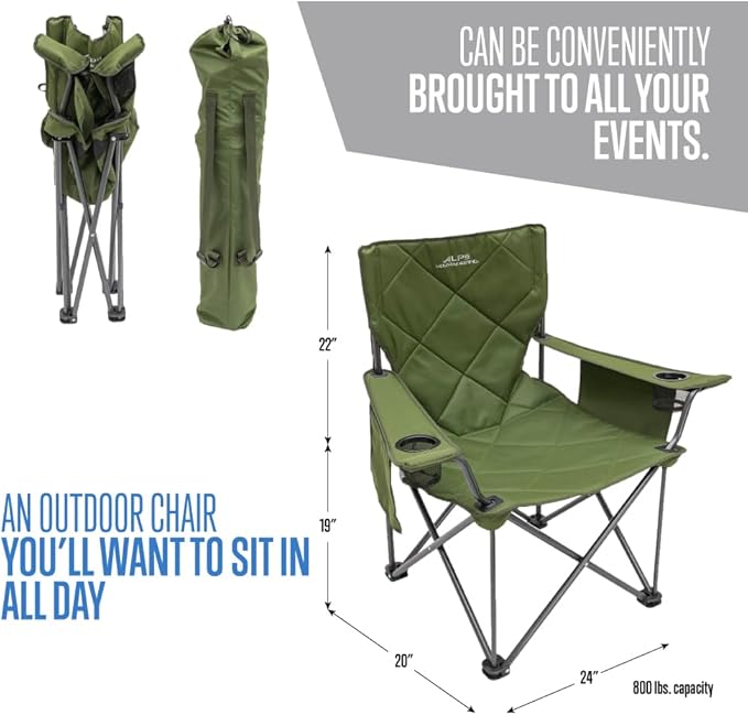 Folding Camp Chair, Green, 800 lb Capacity with Cup Holders