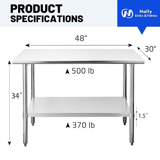 Hally Stainless Steel Table for Prep & Work 30 x 48 Inches, NSF Commercial - Image 3