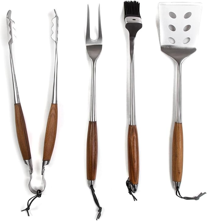 Barbecue Tool Set, 4 Piece Stainless Steel with Bonded Teak Handles
