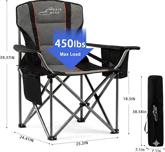 Camping Chair with 450 lb Capacity, Extra-Wide Padded Seat, Black