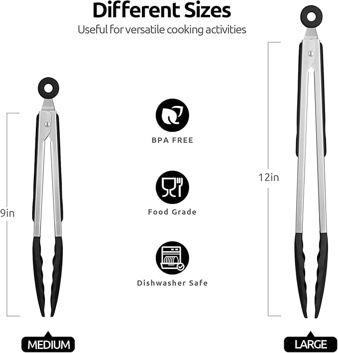 Kitchen Tongs with Silicone Tips, Locking, 12-Inch Black