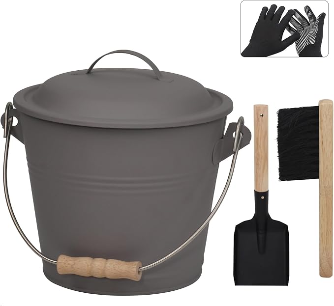 Poofzy Ash Bucket with Lid and Shovel, 1.3 Gallon Fireplace Bucket by Poofzy