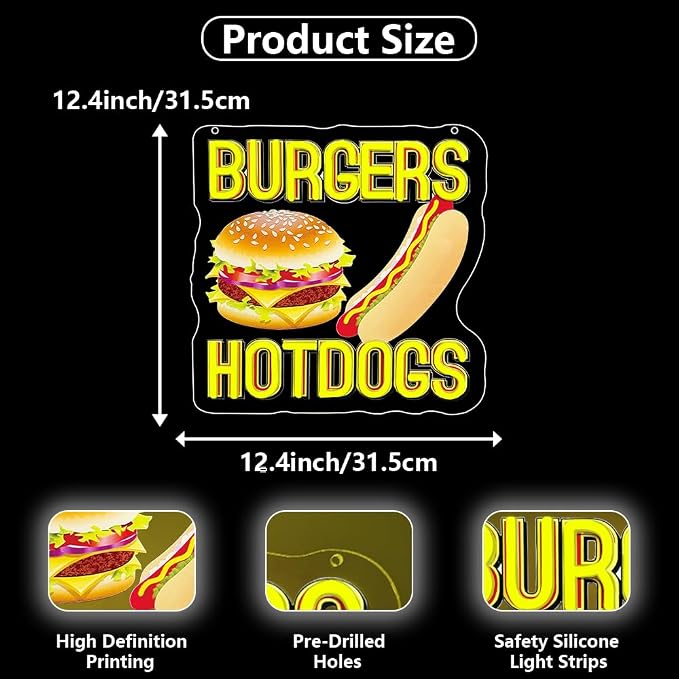 Hot Dogs Burgers Neon Signs for Wall Decor, Hot Dogs Led Neon Sign Party - Image 5