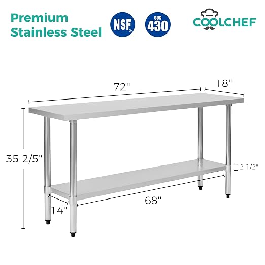 Stainless Steel Work Table 18 x 72 Inch, NSF Commercial Prep Table - Image 2