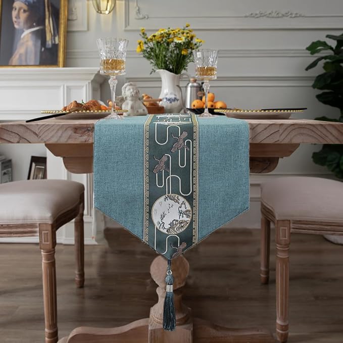 Embroidered Tassel Table Runner Chinese Style Landscape Painting Waterproof - Image 3
