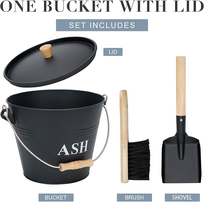 Mini Ash Bucket with Lid, Shovel and Broom, 1.5 Gallon Fireplace Metal Bucket - Image 8