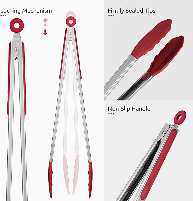 Tongs, 16-Inch Red Locking Grill Tongs with Silicone Tips
