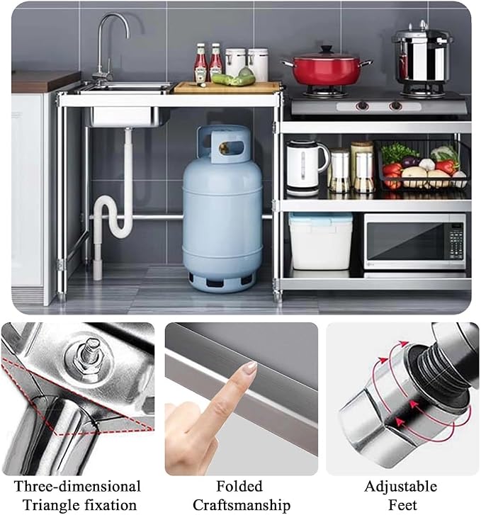 Free Standing Utility Sink, Stainless Steel Kitchen Baker Rack Shelf, Single - Image 2