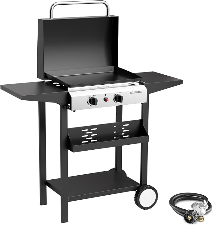 2 Burner BBQ Gas Griddle with Hood, 17.3 Inch Stainless Steel Portable by ADREAK