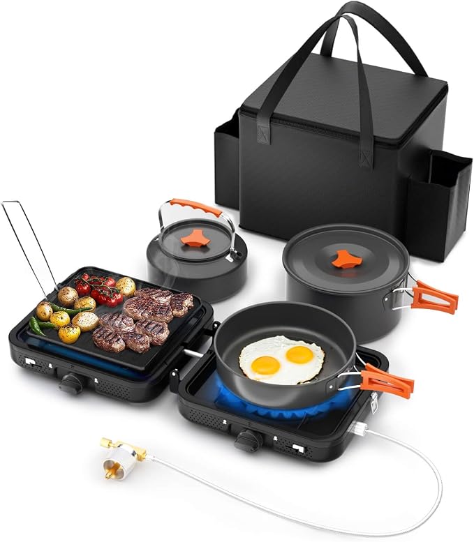 Hisencn Camping Stove, 2 Burner Propane Stove, 20000 BTU/h Camping Cooking set by Hisencn