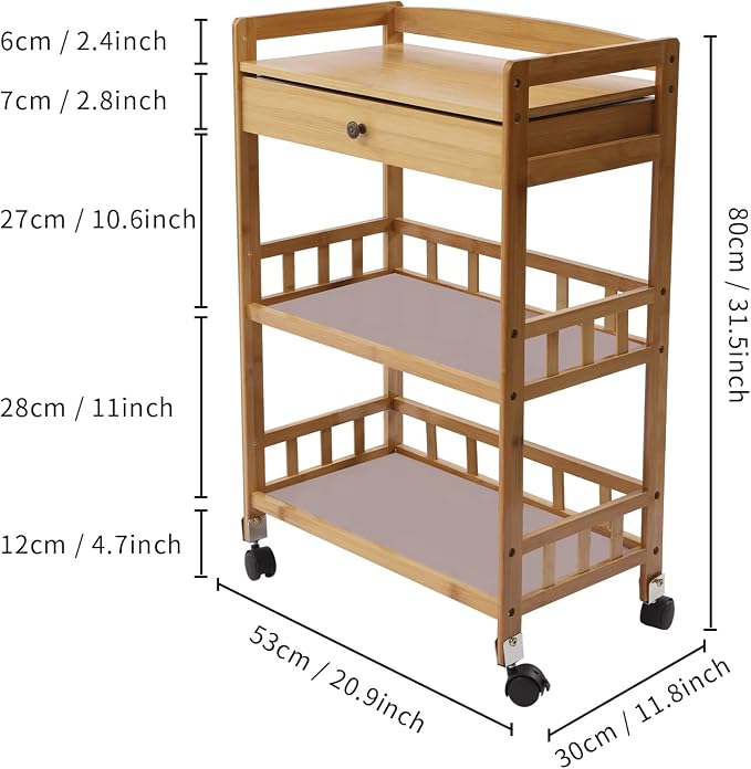 Bamboo Serving Cart with Drawer and Fence Rail, Kitchen Storage Organizer - Image 2